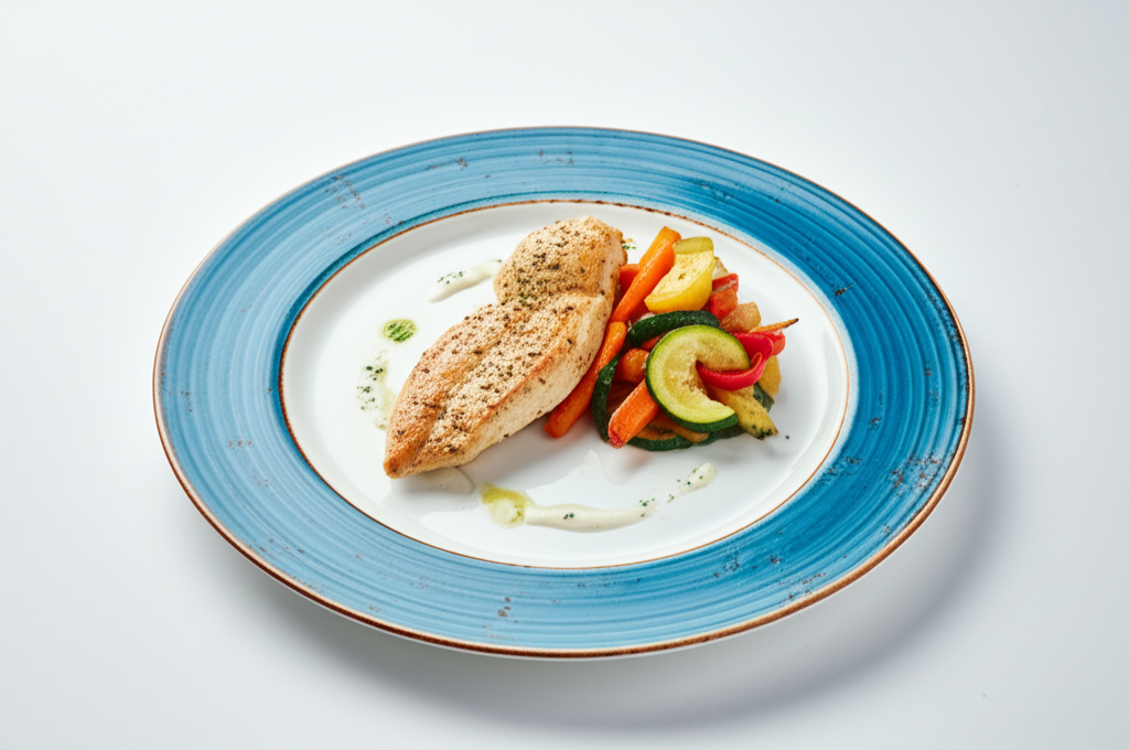 Kycklingfilé med rostade grönsaker och yoghurt-dillsås