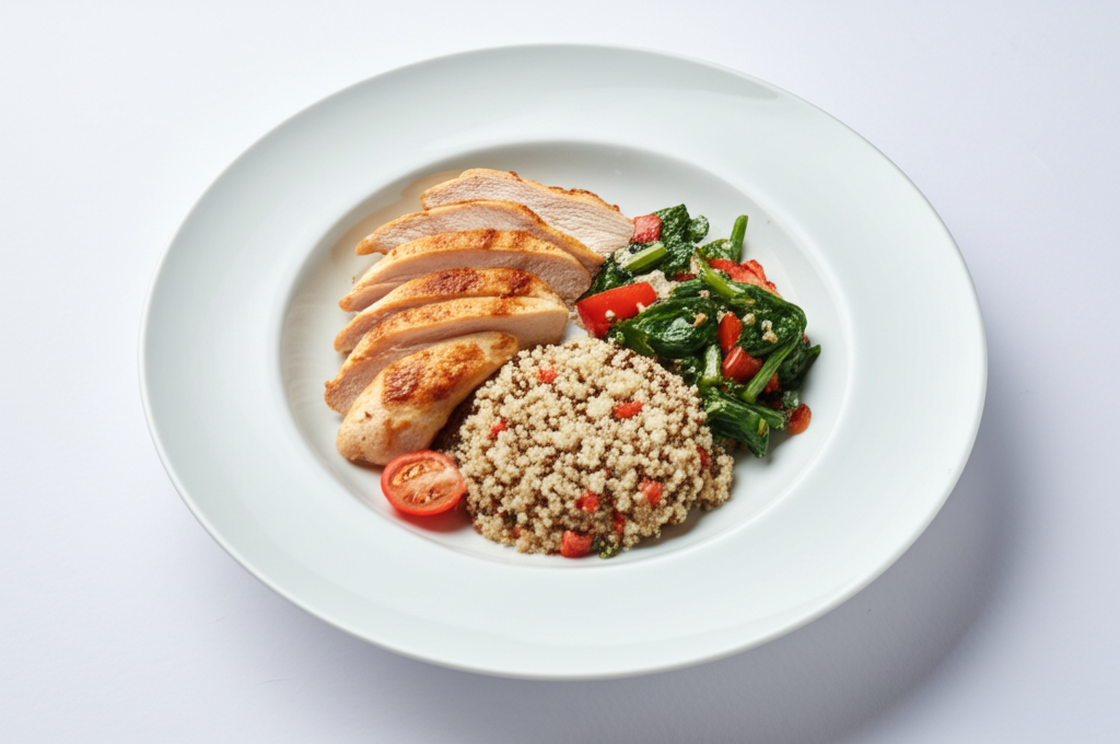 Κοτόπουλο σχάρας με σαλάτα πολύχρωμων λαχανικών και κινόα