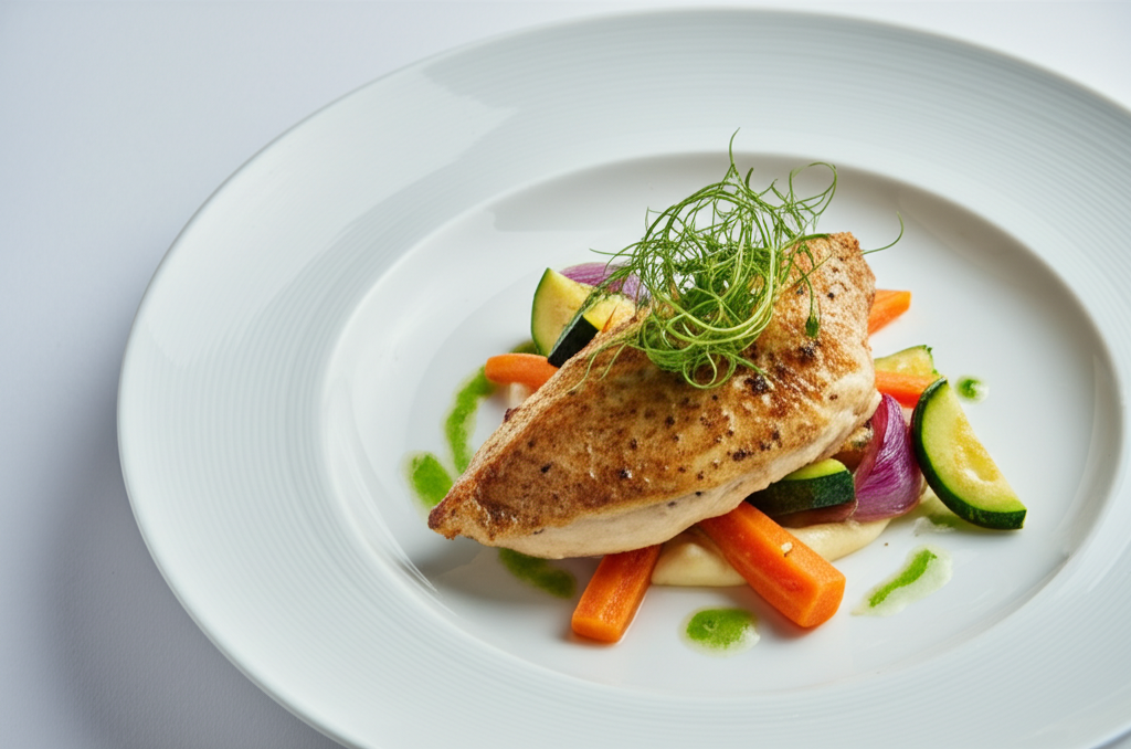 Filet de poulet rôti aux légumes adaptés, sauce légère au citron