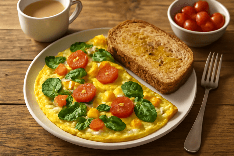 Proteinrik grönsaksomelett med rostat fullkornsbröd