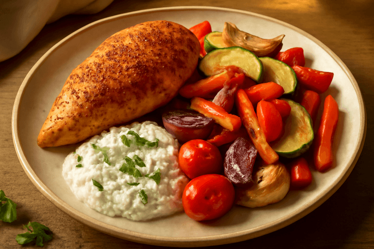Ugnsbakad kycklingfilé med rostade grönsaker och fetaoströra