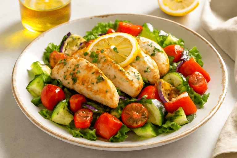 Leichter Zitronen-Hähnchen-Salat mit geröstetem Gemüse