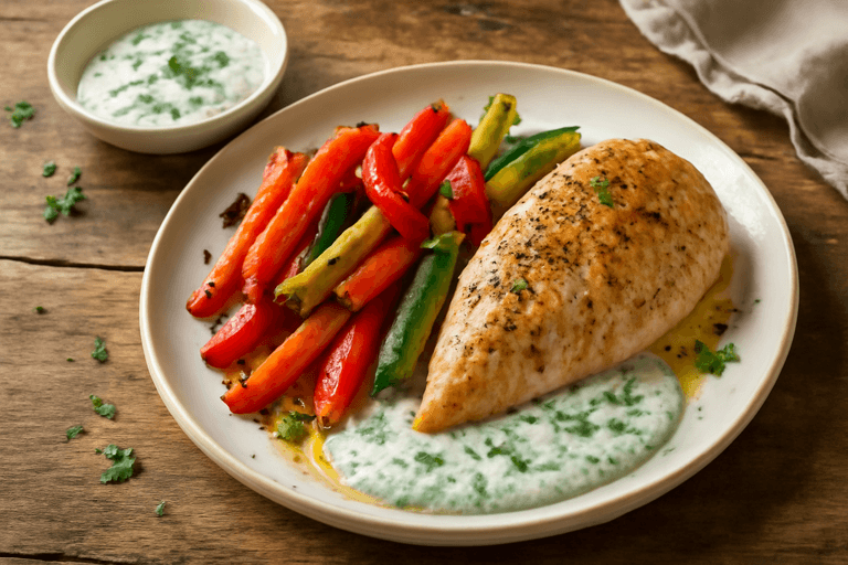 Kycklingfilé med rostade grönsaker och örtsås