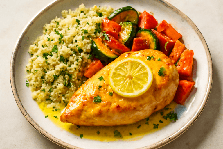 Zitronen-Hähnchen mit buntem Gemüse und Quinoa