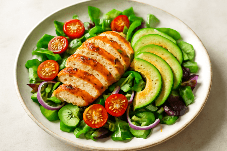 Sałatka z grillowanym kurczakiem, awokado i warzywami