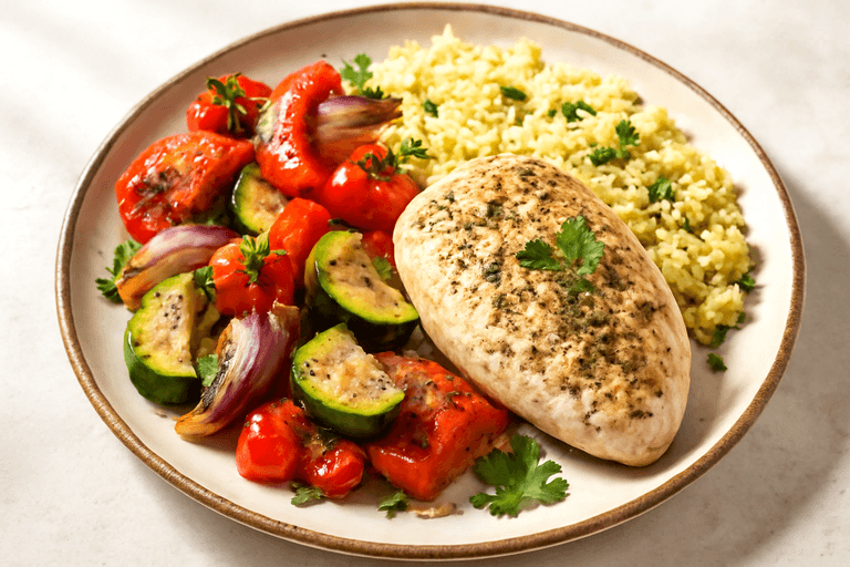 Grillowana pierś z kurczaka z pieczonymi warzywami i kaszą jaglaną