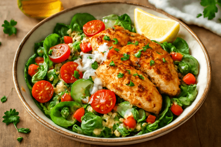 Kryddig kycklingsallad med quinoa och citronyoghurt