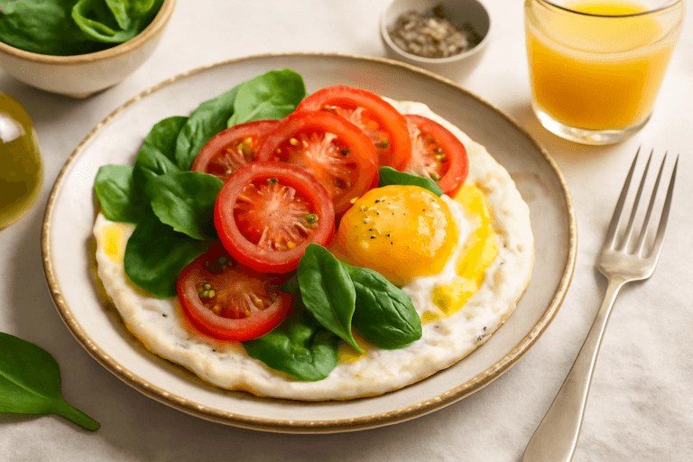Tortilla de claras con espinaca y tomate
