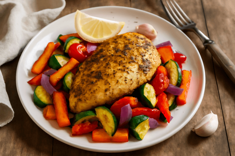 Poulet rôti aux herbes et légumes colorés