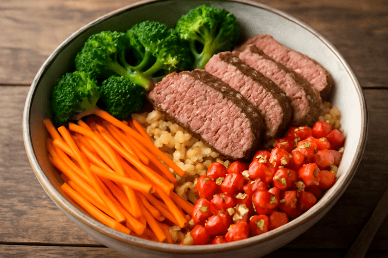 Kräftige Rinder-Gemüse-Bowl mit Vollkornreis