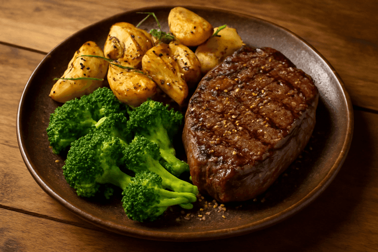 Proteinreiches Rindersteak mit Ofenkartoffeln und Brokkoli