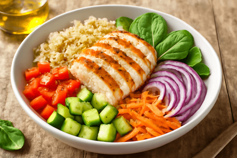 Ensalada de pollo a la parrilla con quinoa y verduras frescas