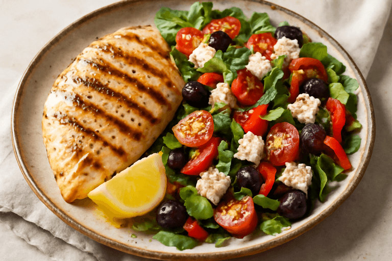 Pollo a la plancha con ensalada mediterránea