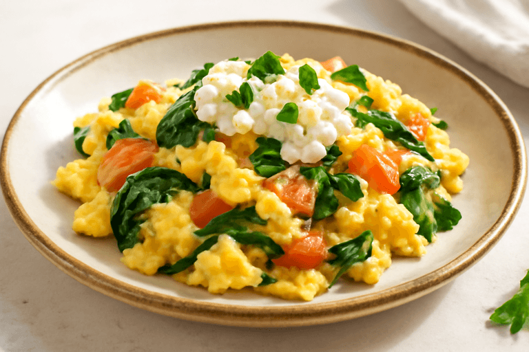 Proteinrik klassisk äggröra med spenat och tomat
