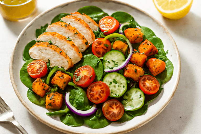 Proteinrik Kycklingsallad med Rostad Sötpotatis