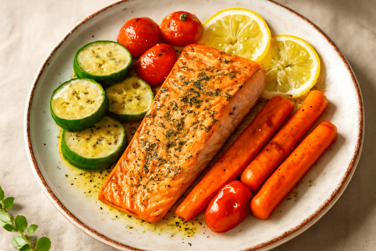 Ugnsbakad lax med grönsaker och citron