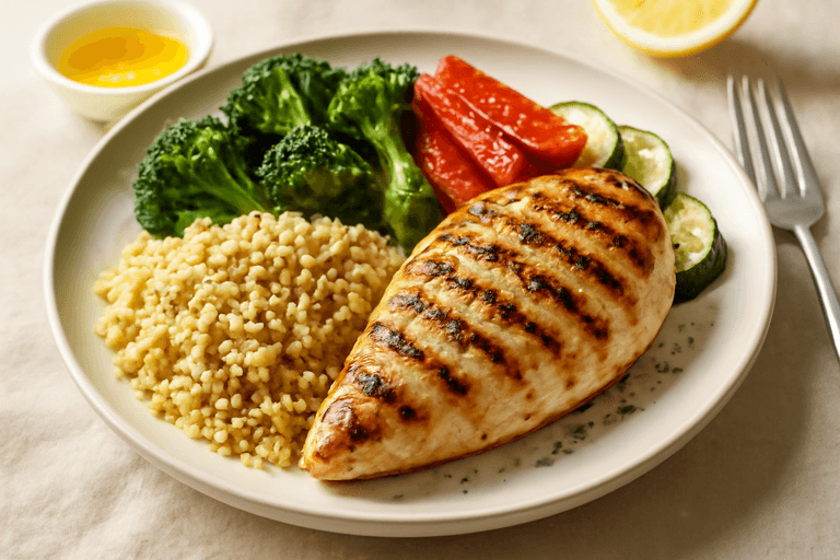 Grillowana pierś z kurczaka z warzywami i kaszą bulgur