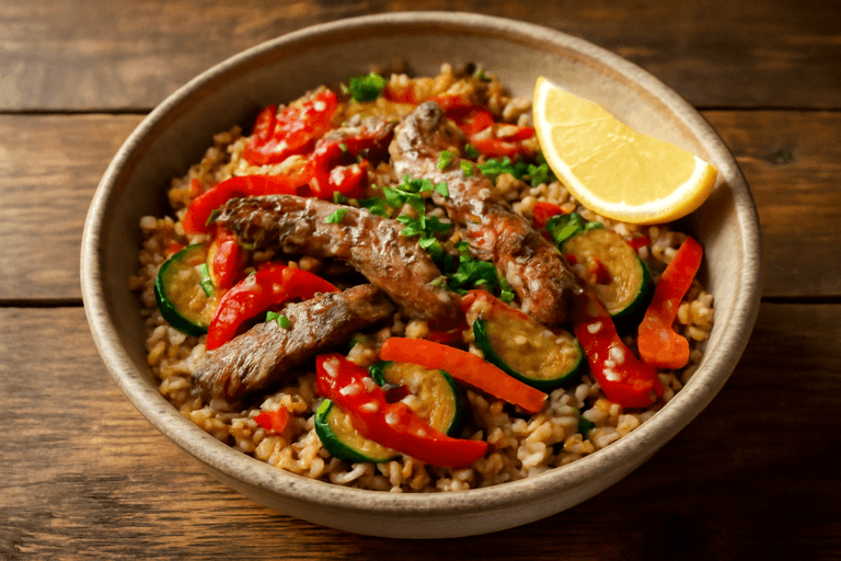 Herzhafter Rinderreis-Bowl mit gebratenem Gemüse