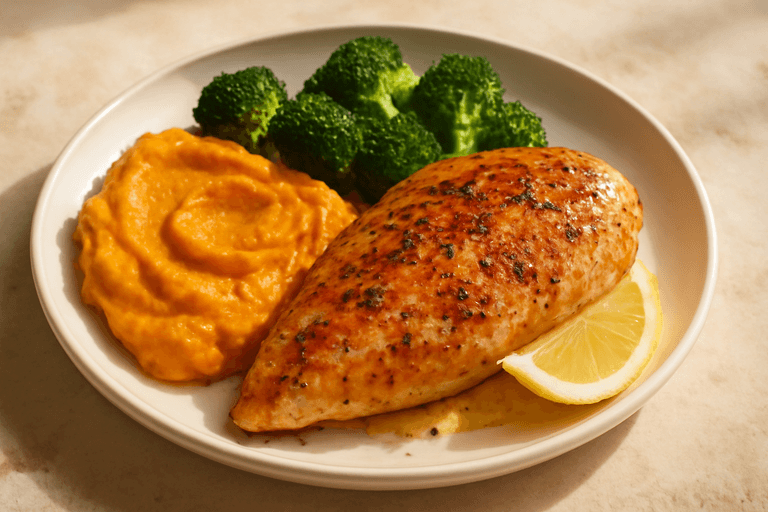 Saftiges Hähnchenbrust-Steak mit Süßkartoffelpüree & Brokkoli