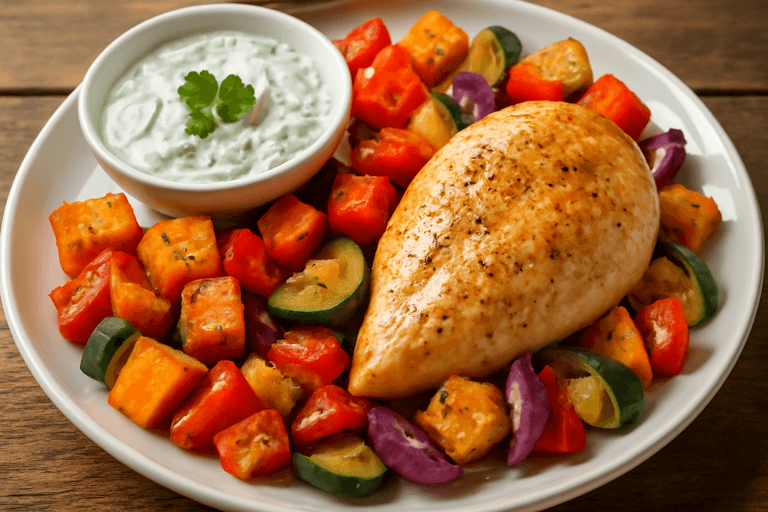 Kycklingfilé med rostade grönsaker och örtig yoghurt