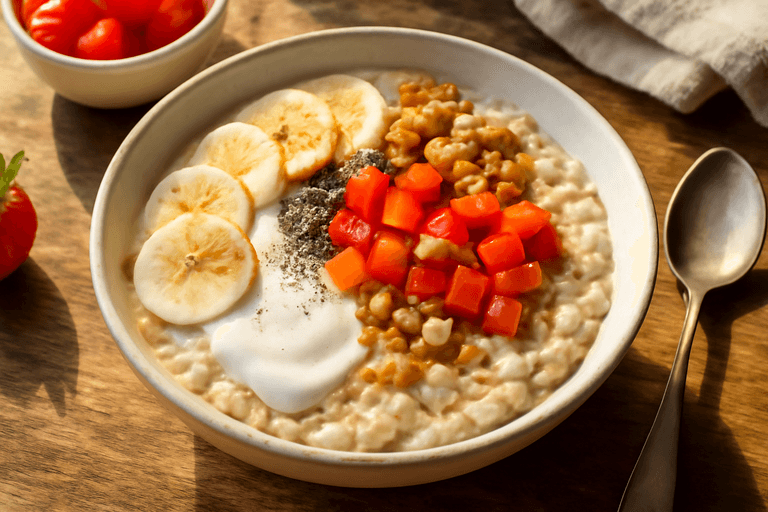 Tazón de Desayuno Saludable con Avena, Yogur y Frutas