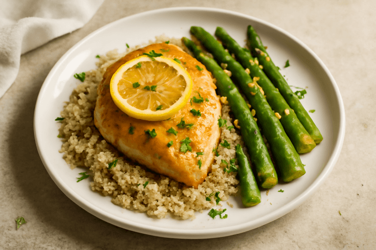 Pollo al limón con espárragos y quinoa