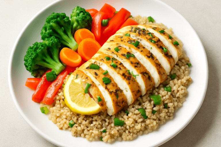 Zesty Lemon Herb Grilled Chicken with Quinoa & Steamed Veggies