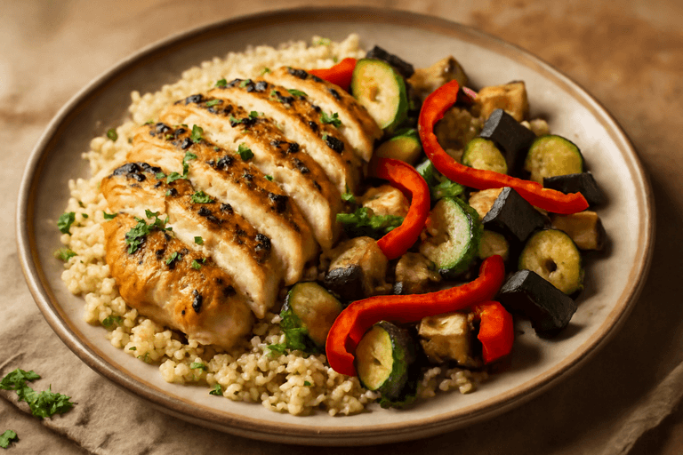Κοτόπουλο Λεμονάτο με Ψητά Λαχανικά και Κινόα