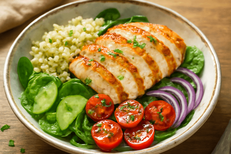 Lätt kycklingsallad med quinoa och citronvinägrett