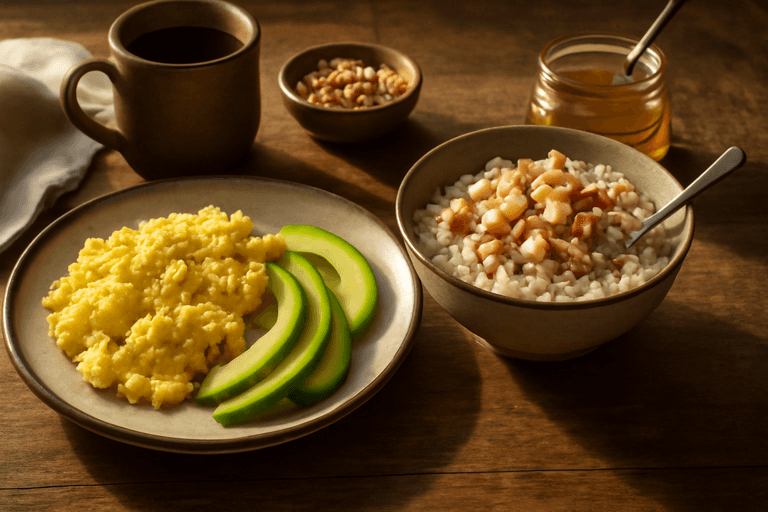 Klassisches Protein-Power-Frühstück mit Rührei, Haferflocken und Avocado