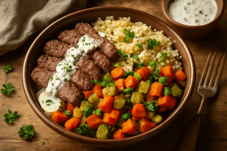Kräftiger Rinder-Bulgur-Bowl mit Gemüse & Joghurt-Dressing
