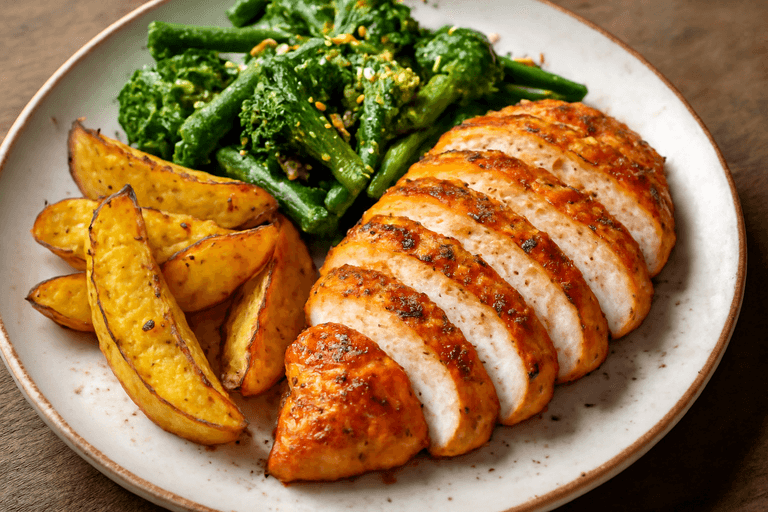 Proteinreiches Hähnchen-Steak mit Ofenkartoffeln und grünem Gemüse
