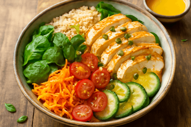 Färgglad kycklingsallad med quinoa och citrusdressing