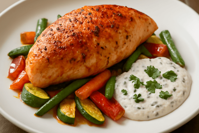 Saftig kycklingfilé med ugnsbakade grönsaker och örtsås
