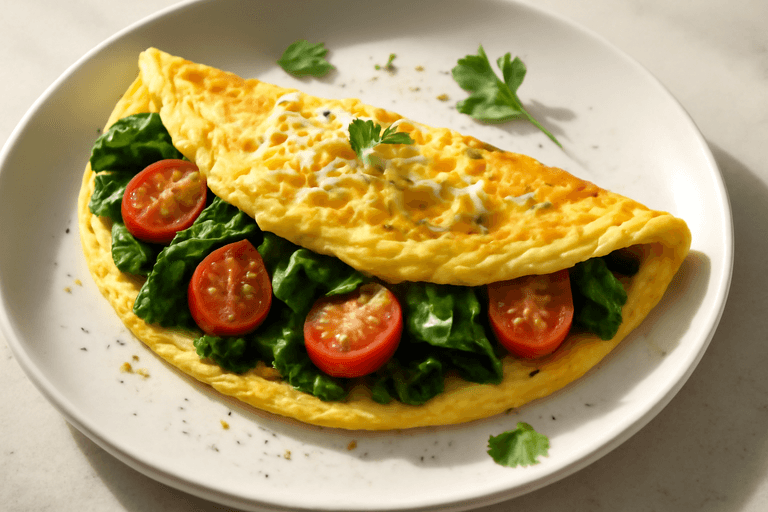 Proteinrik klassisk omelett med färsk spenat och tomat
