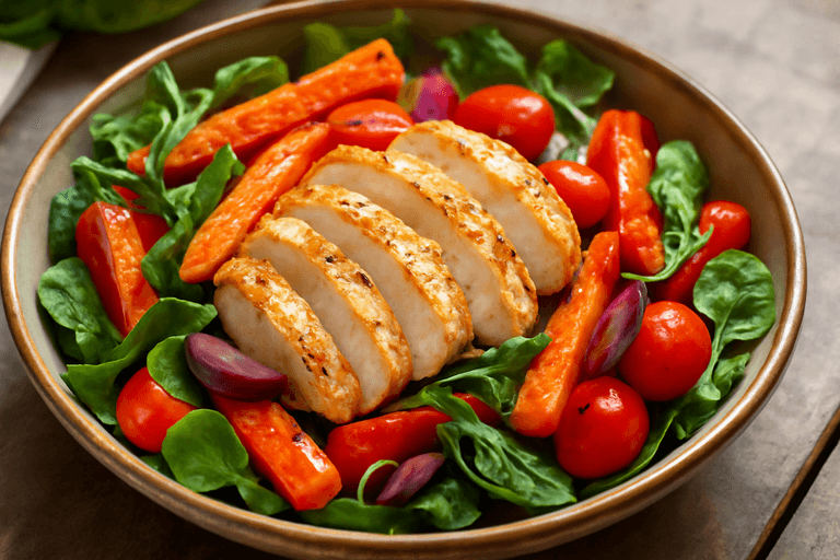 Proteinrik kycklingsallad med rostade grönsaker