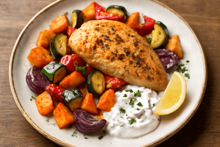 Kycklingfilé med rostade grönsaker och yoghurtsås