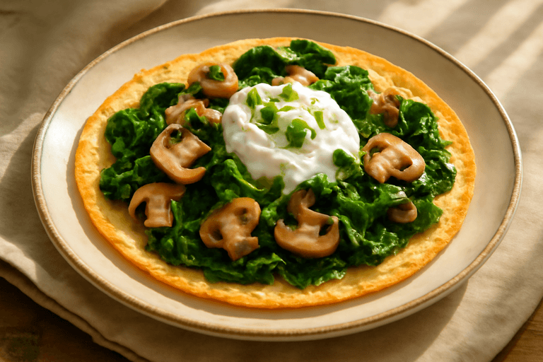 Tortilla de Espinaca y Champiñones con Topping de Yogur Griego