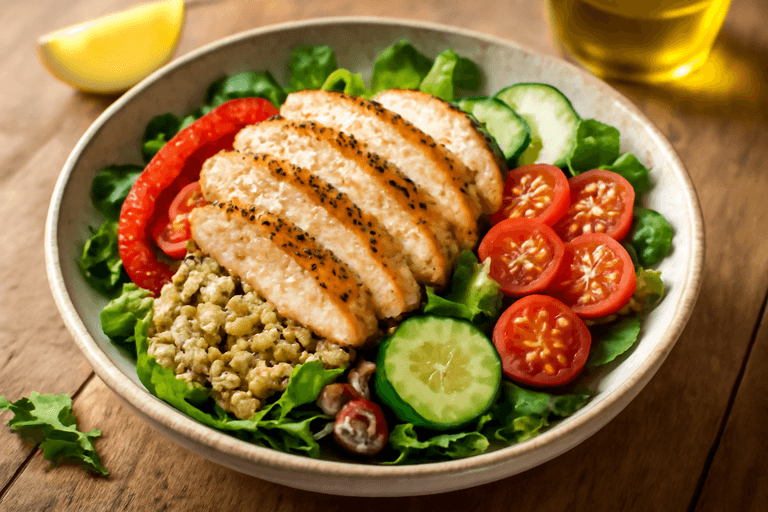 Matig kycklingsallad med quinoa och rostade grönsaker