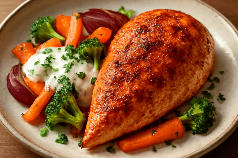 Kycklingfilé med rostade grönsaker och citronyoghurt