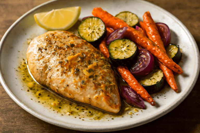 Filet de poulet au citron et légumes rôtis