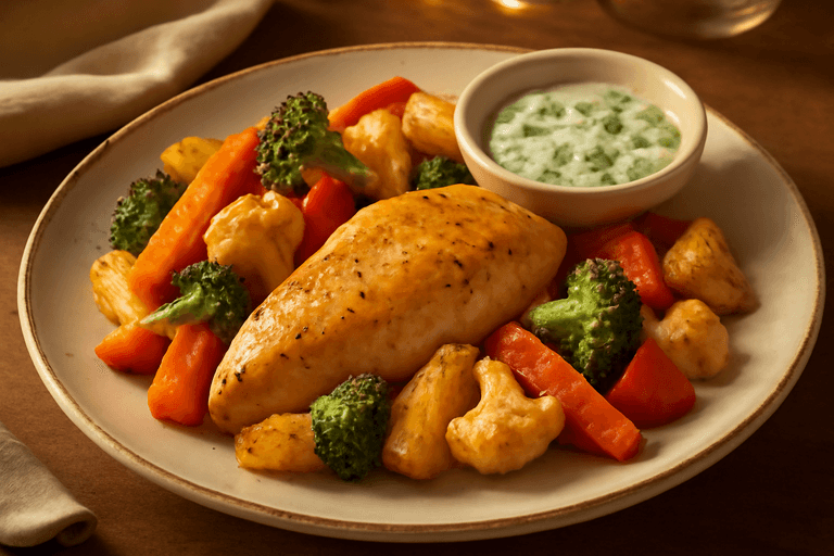 Ugnsbakad kycklingfilé med rostade grönsaker & örtsås