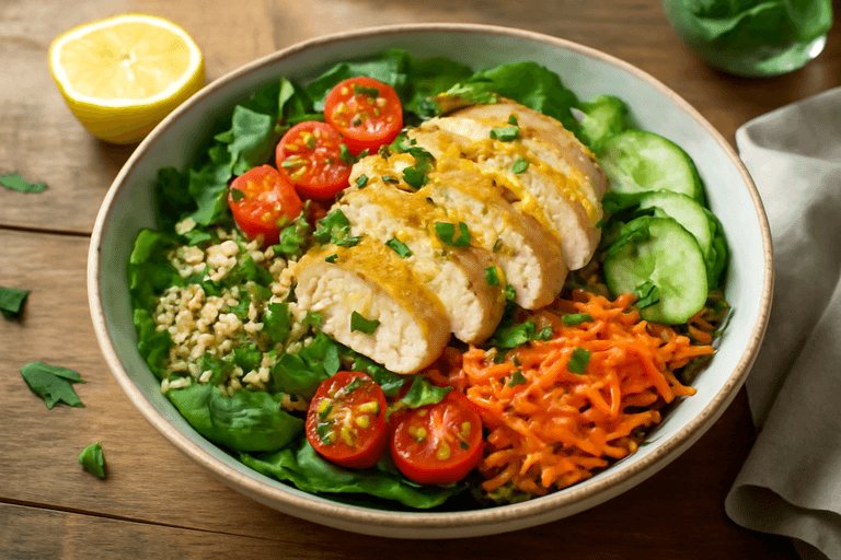 Färgstark kycklingsallad med quinoa & citronvinägrett