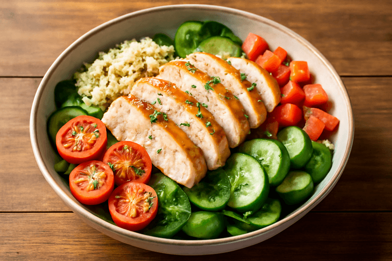 Klassisk kycklingsallad med quinoa och färska grönsaker