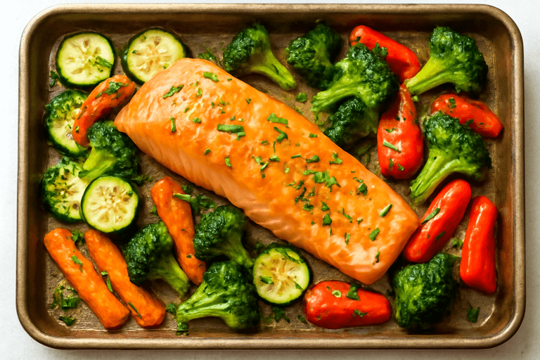 Ugnsbakad lax med örtiga grönsaker och citron