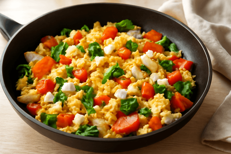 Energigivande grönsaksscramble med kalkon och fetaost