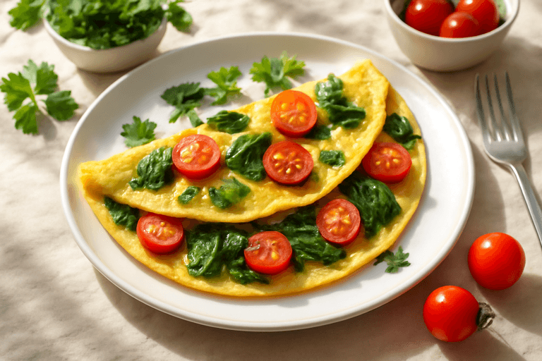 Energigivande klassisk omelett med spenat och tomat