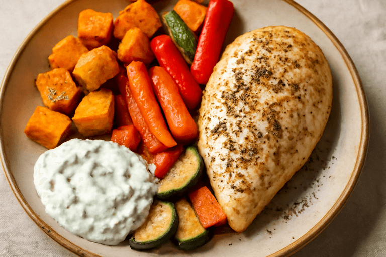 Kycklingfilé med rostade grönsaker och tzatzikisås