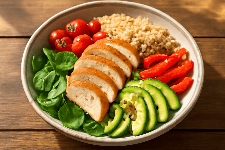 Herzhafte Hähnchen-Quinoa-Bowl mit Avocado und geröstetem Gemüse
