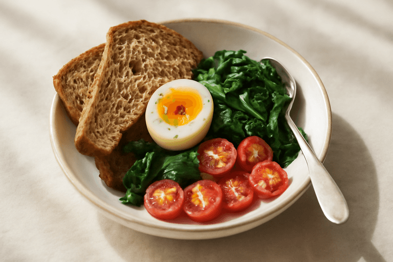Śniadaniowa miska z jajkiem, szpinakiem i pomidorami